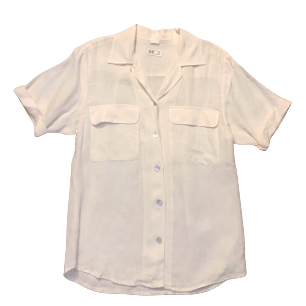 DAKS London Cream Linen Utility Short Sleeves Button Up Shirt 6 Coastal Safari